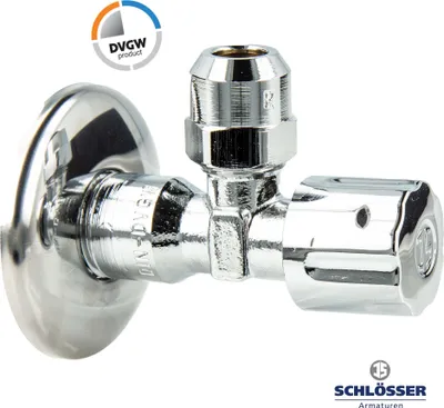 A close-up studio shot of a chrome-plated angle valve on a white background.