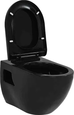 A black wall-mounted toilet with the lid open, shown against a white background.
