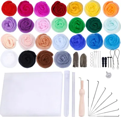 Produktbild von Nadelfilzset Wollroving 25 Farben Set Nadelfilz Starter Kit Fasergarn Nadelfilzzubehoer fuer Heimwerker Basteln Home Office Art Use