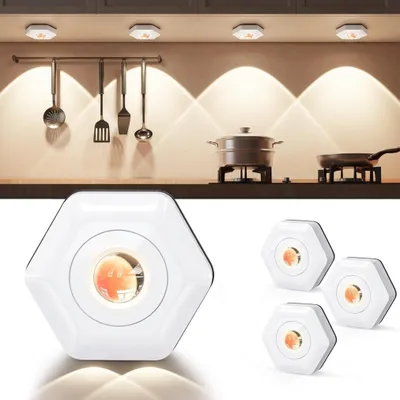Immagine prodotto di 4 faretti LED per tramonto a batteria, illuminazione per vetrine, faretti da incasso, illuminazione LED senza fili per tramonto, luci d'atmosfera per armadi, luci decorative, luci notturne