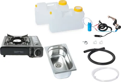 Immagine prodotto di kit mini cucina camper da campeggio 12V lavello 265x160x100 mm Barwig + cucina a gas