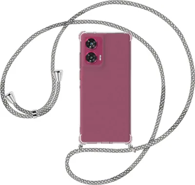 Produktbild von Handykette Backcover-Schutzhülle mit Band (Metall silberfarben) für Motorola Edge 50 Fusion 5G - weiß/grau kariert