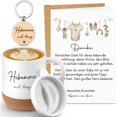 Immagine prodotto di Set regalo per ostetriche, composto da 4 elementi: tazza, portachiavi, biglietto e busta