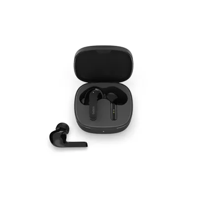 A pair of black wireless earbuds and their charging case are displayed on a white background.