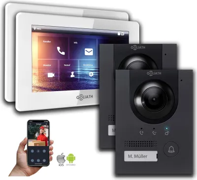 Produktbild von Goliath IP Video Gegensprechanlage 7-Zoll 2-Monitor 2-Türklingel Anthrazit : 7 Zoll in Weiß : Unterputzdose : 4er POE (Standard) Türklingel