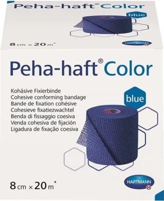 A product box for a blue cohesive bandage.