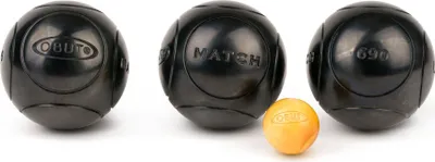 Three dark metal balls and one small yellow ball are arranged on a white background.