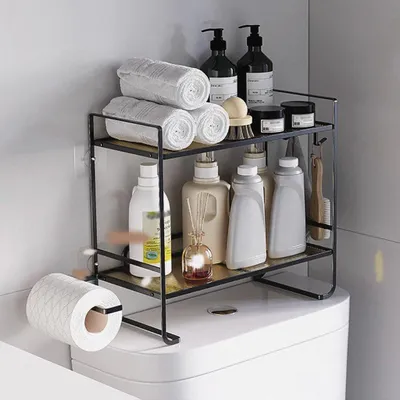 Produktbild von Badezimmer Regaln, Wc Regal üBer Die Toilette, Metal Toilettenregal Mit 2 Haken, 2 Etagen Badezimmer Organizer BadezimmermöBel für Die Wand Platzsparend Modern (Schwarz) (45x16x36cm)
