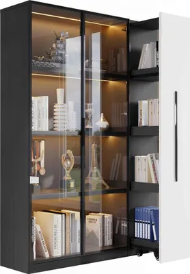 A modern, illuminated display cabinet with glass doors, showcasing various decorative items and books.