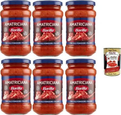 Produktbild von Barilla Amatriciana Pastasauce, Italienische Tomatensauce mit Speck und Chili, 400g, 6er Pack,+ Italian Gourmet polpa 400g