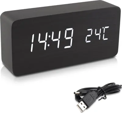 Produktbild von kwmobile Wecker Uhr in Holzoptik digital - Digitalwecker Anzeige von Uhrzeit Temperatur Datum - Alarm Clock mit USB Kabel in Schwarz mit weißen LEDs
