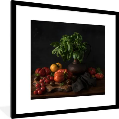 Produktbild von MuchoWow® Gerahmtes Poster Stilleben - Tomaten - Basilikum - Gemälde - Gemüse - Schwarz 40x40 cm - Poster mit Schwarzem Bilderrahmen Wandposter Rahmen Foto Bilder - Poster - Plakat im Rahmen