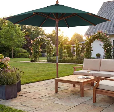Produktbild von Gastronomie Holz-Sonnenschirm MCW-C57b, Gartenschirm, Polyester/Holz 14kg, rund Ø3m Seilzug stoßsicher dunkelgrün