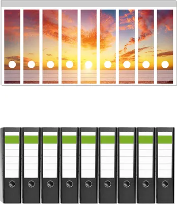 Produktbild von Wallario 9 Stück breite Ordner inkl. Klebeetiketten mit Motive Sonnenuntergang über dem Meer - rote Wolken und blauer Himmel -  Set mit Rückenschildern / Ordnerrücken Stickern