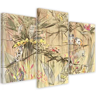 Produktbild von Triptychon auf leinwand dschungel-affen 60x40 cm Feeby beige wandbild bereit zum aufhängen