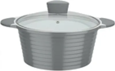 A gray cooking pot with a glass lid and gray handles is shown against a white background.