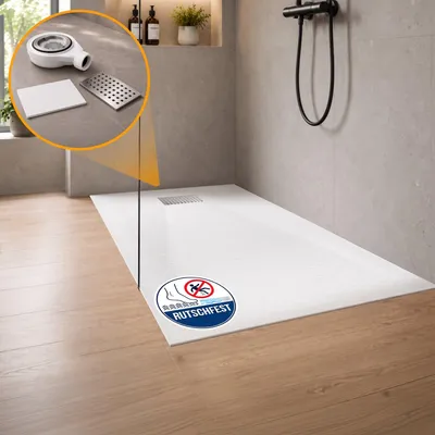 Produktbild von Dalsys Duschwanne 120x80cm mit Ablaufgarnitur - flache Duschtasse in Steinoptik inkl. Siphon - bodengleiche Dusche weiß
