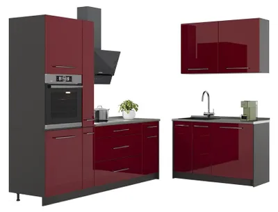 Image de Cuisine Vicco Fame-Line Rouge bordeaux Haute brillance/Anthracite 220 x 120 cm, PT Chêne, Model 64960