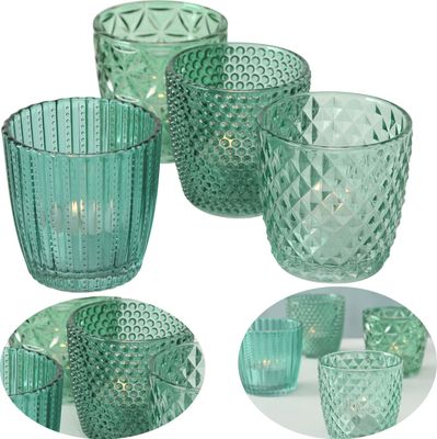 LS-LebenStil 4´er Set Glas Teelichthalter Retro Petrol 7cm Teelichtglas Windlichthalter Kerzenhalter Kerzenglas Kerzenständer für Teelichter