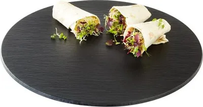 Produktbild von APS 83994 Tablett SLATE, Ø 40 cm, Höhe 1 cm, Melamin, schwarz, Schieferlook, mit Antirutsch-Füßchen