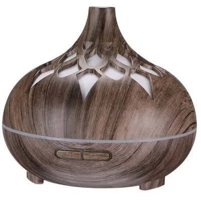 A wooden-patterned aroma diffuser with a decorative top.