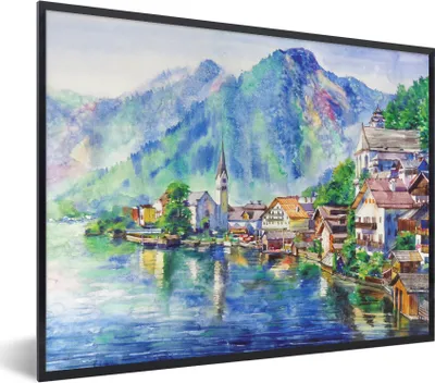 Produktbild von MuchoWow® Gerahmtes Poster Gemälde - Ölfarbe - Haus - Berge - Wasser 80x60 cm - Poster mit Schwarzem Bilderrahmen Wandposter Rahmen Foto Bilder - Schwarzem - Mit Gestell