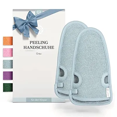 Produktbild von LoWell® 2 Stück Peelinghandschuh - Hamam Peeling Handschuh für Körper und Gesicht - Bonus Peeling Guide und 2 Saugnäpfe - Grau