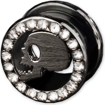 Produktbild von viva-adorno 1 Stück 8mm Flesh Tunnel Plug mit Schraubverschluss Edelstahl mit Totenkopf Zirkonia in verschiedenen Farben Größe 6 - 14mm Z114, schwarz