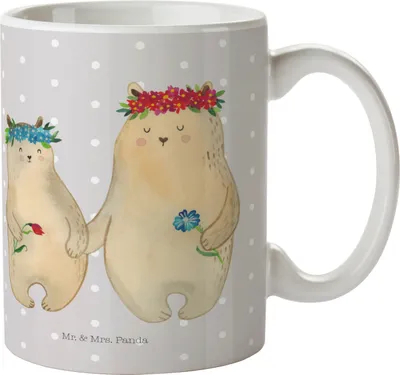 Produktbild von Mr. & Mrs. Panda Pott Bären mit Blumenkranz - Grau Pastell - Geschenk, Kaffeebecher, Kaffeetasse, Familie, Bär, Teetasse, Mama, Tasse, Becher, Teepott, Family, Muttertag