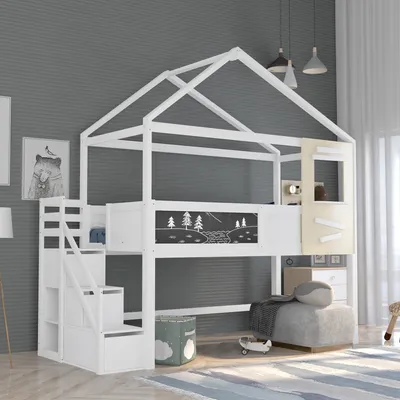 Produktbild von Merax Kinderbett 90x200cm mit Rausfallschutz und Lattenrost, Treppe und  3 Schubladen, Fenster und Tafel, Massivholz Etagenbett Hochbett, Weiß