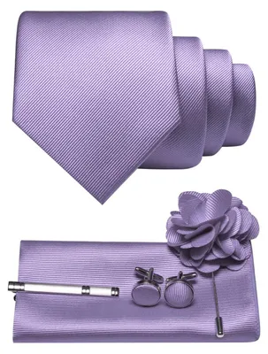 Produktbild von Herren Krawatten-Set Twill einfarbig mit Pocket Square Manschettenknöpfen Krawattenklemme Blumenbrosche Flieder