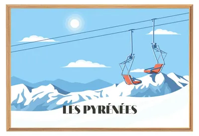 Image de Tableau mural encadré illustration télésiège Pyrénées 65x97 cm, Tableau mural moderne pour décoration intérieure