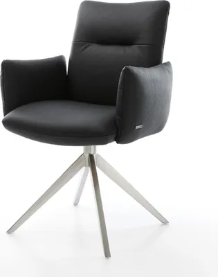 Produktbild von DELIFE Drehstuhl Jova-Flex mit Armlehnen Echt-Leder Schwarz Kreuzgestell breit Edelstahl 360° drehbar Wippfunktion Taschenfederkern