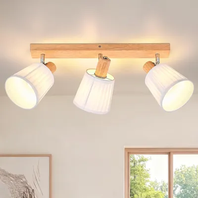 Immagine prodotto di ZMH Lampada da soffitto a 3 luci, legno, attacco E14, plafoniera, luce per cucina, lampada per corridoio, faretti a soffitto, stile boho, retrò, orientabile a 350°, ideale per soggiorno e camera da letto
