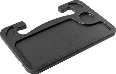 A black car tray with cup holders and hooks, designed to attach to a steering wheel.