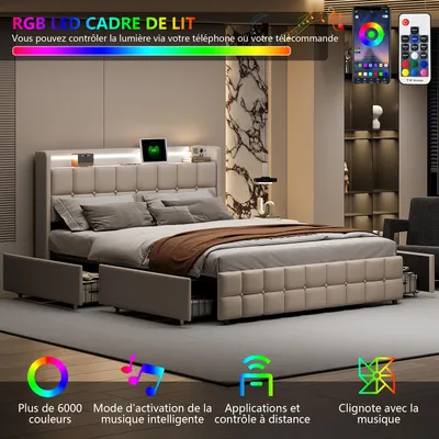 Obrázok produktu pre UnboxG čalúnená posteľ 160x200 cm ADAP-69, béžová ľanová látka, úložný priestor so 4 zásuvkami, USB nabíjací port, LED osvetlenie na čele postele, bez matraca