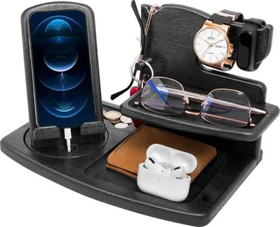 Productafbeelding van Unyqoos® Houten telefoonhouder – draaibare nachtkastjeshouders met vakken voor horloge, bril, portemonnee en sleutels, cadeau voor vader
