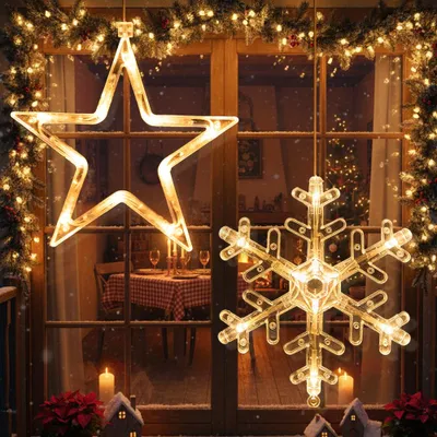 Productafbeelding van LED kerststerren raamverlichting, 2 stuks, warmwit, LED sneeuwvloklampjes, raamdecoratie, hanglampen, op batterijen, kerstdecoratie, voor de deur, huis, feest