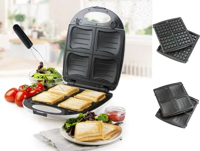 Produktbild von Sandwichmaker 4er Toaster Muschelplatte, 2in1 Waffeleisen Snackmaker & Gabel