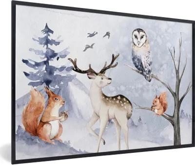 Produktbild von MuchoWow® Gerahmtes Poster Winter - Schnee - Hirsche 90x60 cm - Poster mit Schwarzem Bilderrahmen Wandposter Rahmen Foto Bilder - Fotorahmen - Foto-Plakat