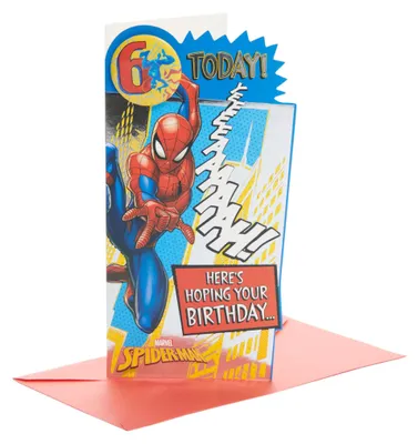 Spider-Man 6. Geburtstagskarte mit Umschlag, Badge, 121x229 mm