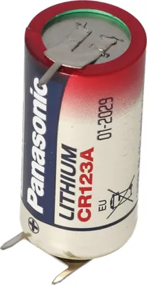 Produktbild von CR123A Batterie mit 3er Printanschluss 2er Print + 1er Print - Kontakten, Spannung 3 Volt Rastermaß 10mm