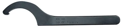 A dark-colored hook spanner is shown against a white background.