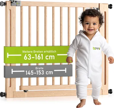 Productafbeelding van BOMI® Kinderveiligheidshek Miko, boorvrij, 63-161 cm | 90° vastzetfunctie | Deurbeveiligingshek van beukenhout (hout) | Babydeurhek
