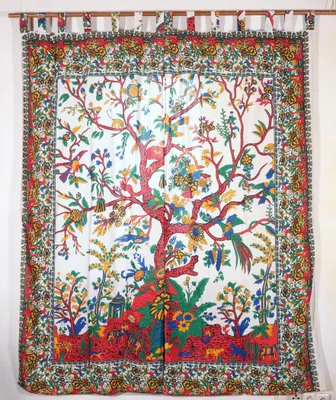 Produktbild von Boho Vorhänge, Gardine (1 Paar ) mit Schlaufen, Handbedruckter Ethno Style Vorhang Lebensbaum - Weiß/bunt, Mehrfarbig, Baumwolle, 230*100*0,2 cm, Dekovorhänge