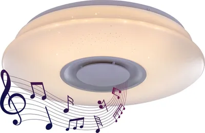 Produktbild von Globo Lighting Deckenleuchte Metall weiß, Acryl opal sparkle, Kunststoff weiß, Bluetooth, Lautsprecher 5W, ø: 360mm, H: 80mm, inkl. LED 12W 230V, 960lm Source, 720lm Output, 3000K