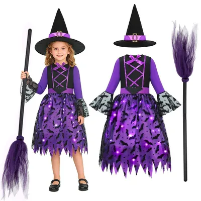 Zdjęcie produktu dla Kostium czarownicy dla dzieci z kapeluszem i miotłą, idealny na Halloween