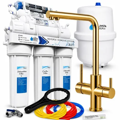 Produktbild von Küchenarmatur Ari Venom 3-Wege Wasserhahn mit Wasserfilter-Anschluss, 7-Stufige Umkehrosmose RO7, Messing, Gold