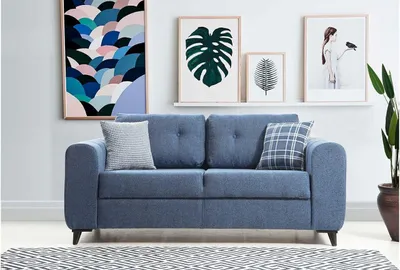 Immagine prodotto di Divano a due posti di design, colore blu intenso, ideale per il soggiorno, rivestito in tessuto