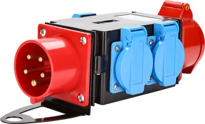 Obrázok produktu pre Clanmacy CEE 400V/16A+3 x 230V zásuvky s uzemňovacím kontaktom Rozvádzač napájania Priemyselný rozvádzač napájania 5 pólov IP44 S bezpečnostnými výklopnými vekami Na stavenisko